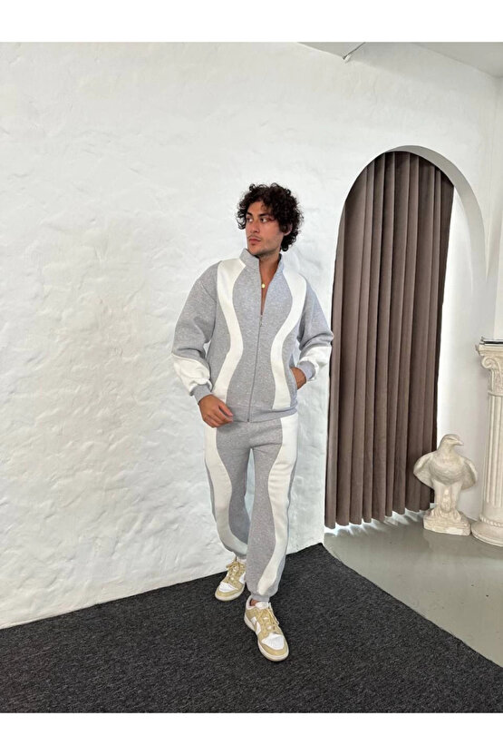 EQURİ Erkek Premium Parçalı Eşofman Takım - Dik Yaka Fermuarlı Sweatshirt, - Gri