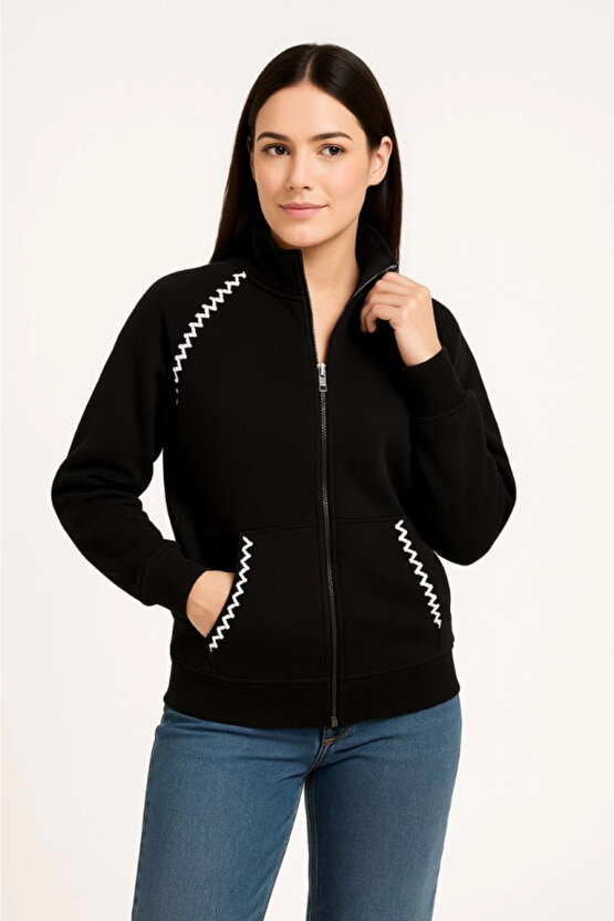 EQURİ Oversize Dik Yaka Fermuarlı Sweatshirt - Zincir Nakışli Kanguru Cepli, - Siyah
