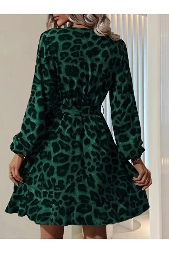 Kadın Uzun Kollu Kruvaze Yaka Beden Kuşaklı çapraz Kesim Detaylı Leopar Modal Mini Elbise