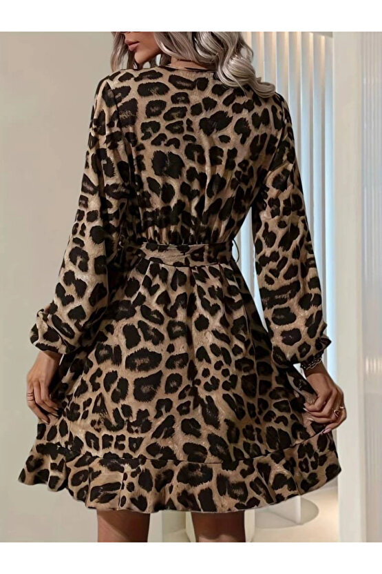 Kadın Uzun Kollu Kruvaze Yaka Belden Kuşaklı çapraz Kesim Detaylı Leopar Modal Mini Elbise