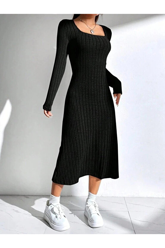 Kadın Uzun Kollu Kare Yaka Midi Kaşkorse Elbise