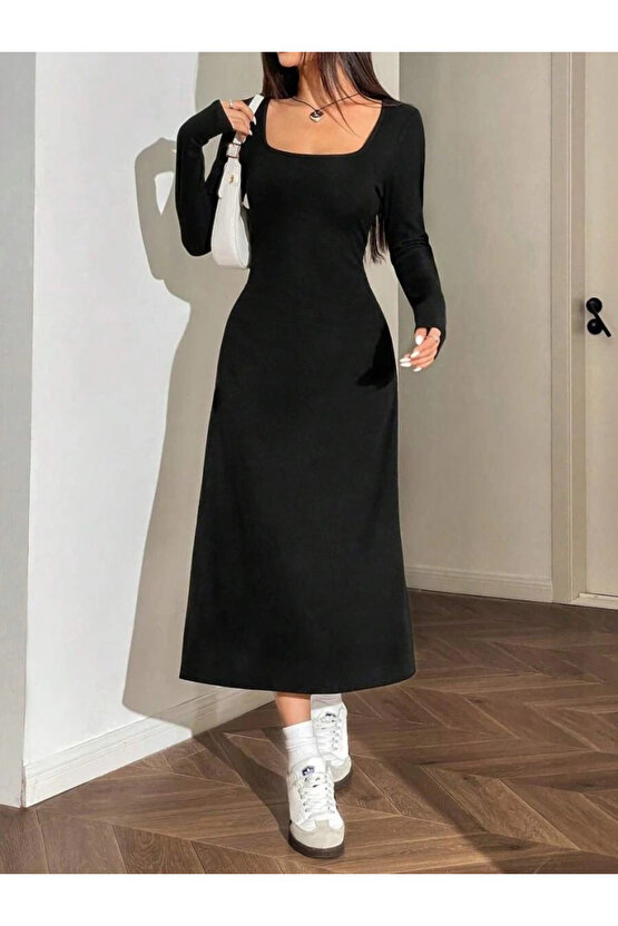 Kadın Uzun Kollu Kare Yaka Midi Kaşkorse Elbise