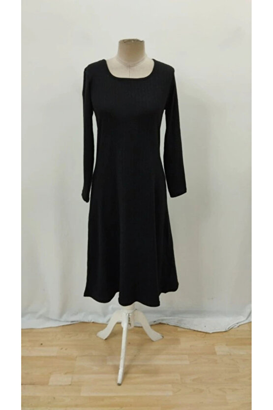 Kadın Uzun Kollu Kare Yaka Midi Kaşkorse Elbise