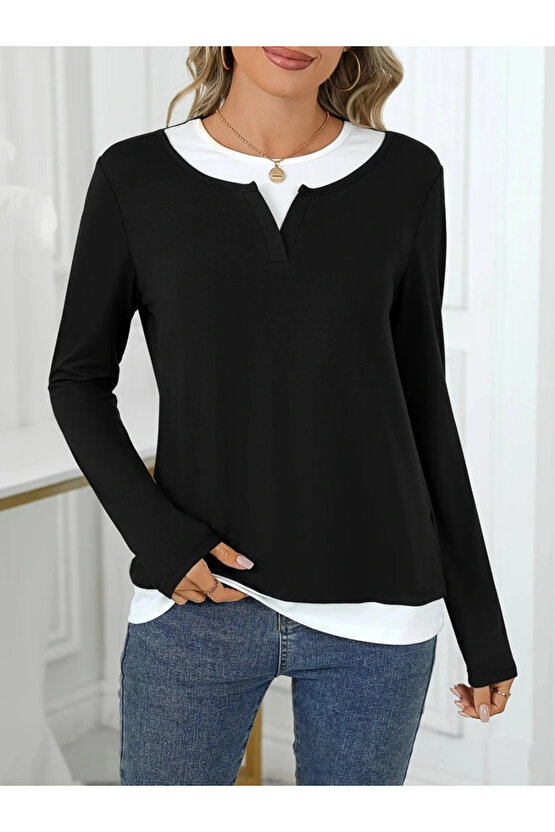 Kadın Uzun Kollu V Yakalı çift Renkli Viskon Iki Iplik Bluz
