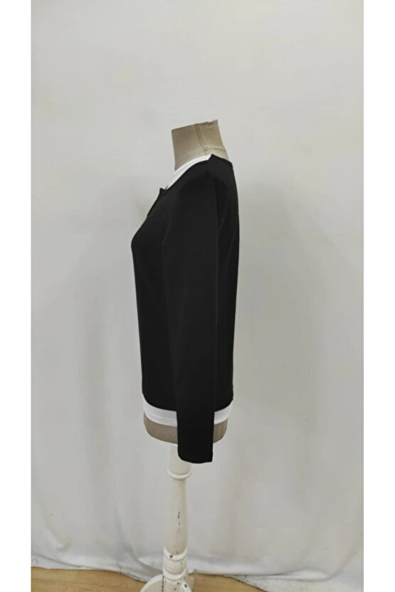 Kadın Uzun Kollu V Yakalı çift Renkli Viskon Iki Iplik Bluz