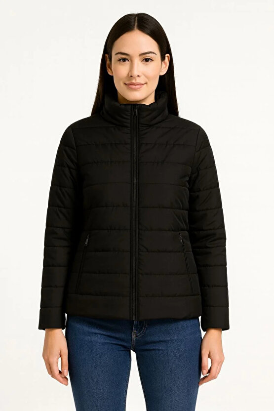 Kadın Bomber Mont Ceket – Su İtici Kumaş, Kapitone Astarlı, Fermuarlı, Kışlık - Siyah