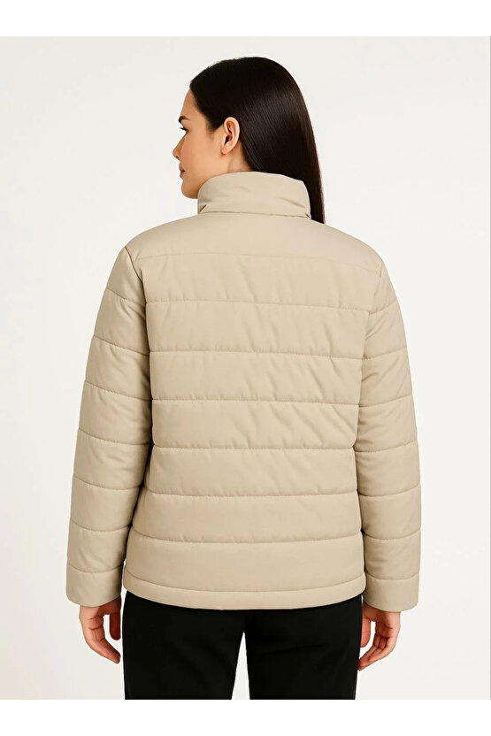 Kadın Bomber Mont Ceket – Su İtici Kumaş, Kapitone Astarlı, Fermuarlı, Kışlık - Bej