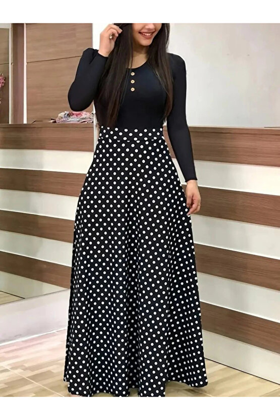 Kadın Uzun Kollu önü Düğmeli Viskon Bluz Eteği örme Maxi Krep Elbise