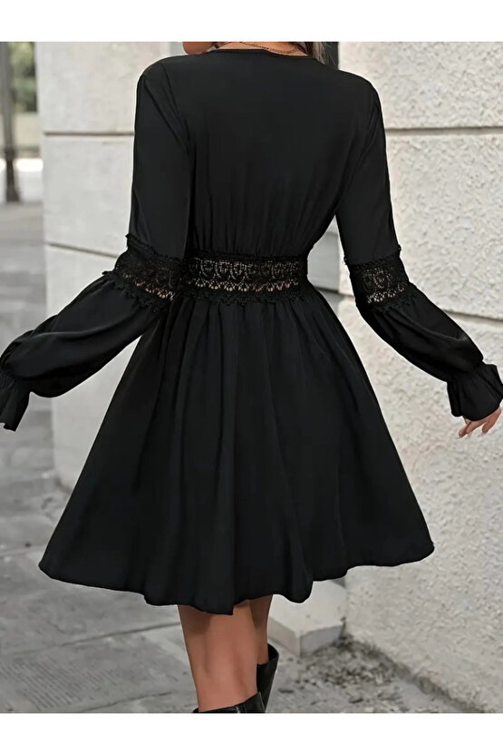 MDB Kadın Uzun Kollu Kruvaze Yakalı Dantelli Fermuar Detaylı Kısa Ithal Krep Elbise