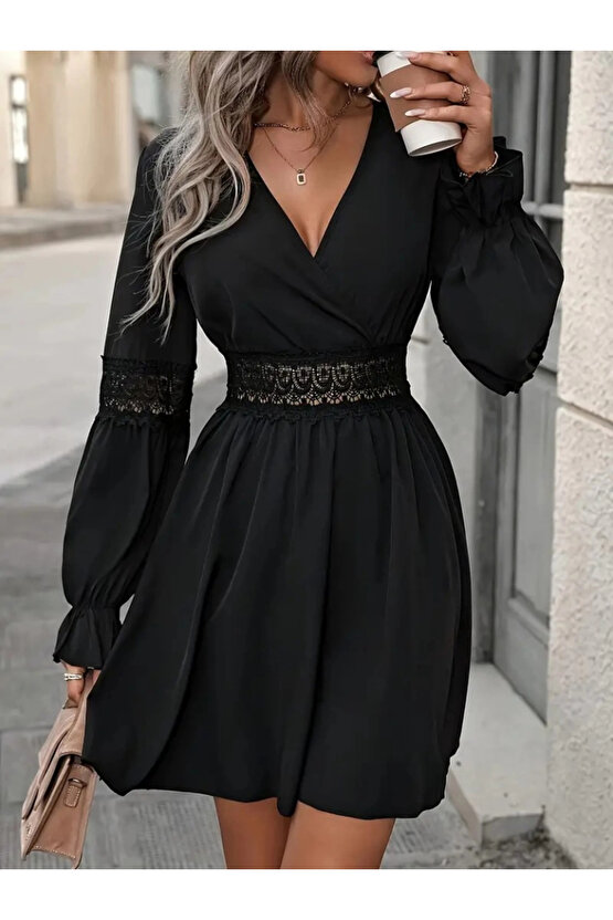 MDB Kadın Uzun Kollu Kruvaze Yakalı Dantelli Fermuar Detaylı Kısa Ithal Krep Elbise