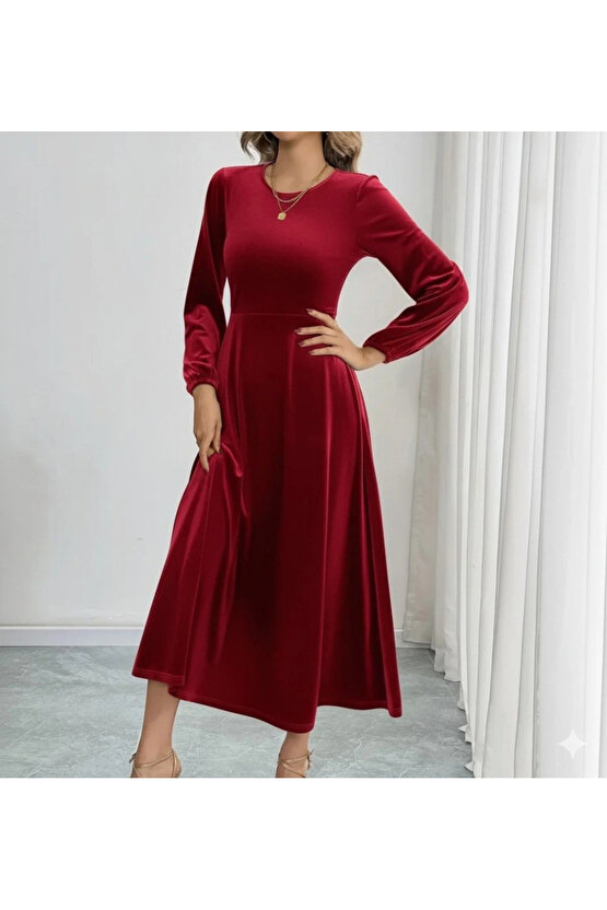 Kadın Uzun Kollu Bisiklet Yaka Midi Kadife Elbise