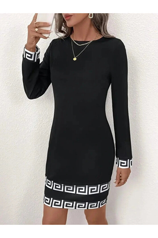 Kadın Uzun Kollu Bisiklet Yaka Mini Ithal Krep Elbise