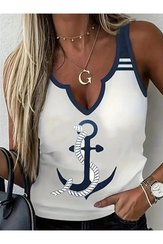 Kadın Kalp Yaka çıpa Baskılı Süprem Bluz