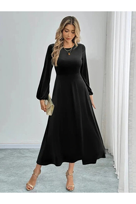 Kadın Uzun Kollu Bisiklet Yaka Midi Kadife Elbise