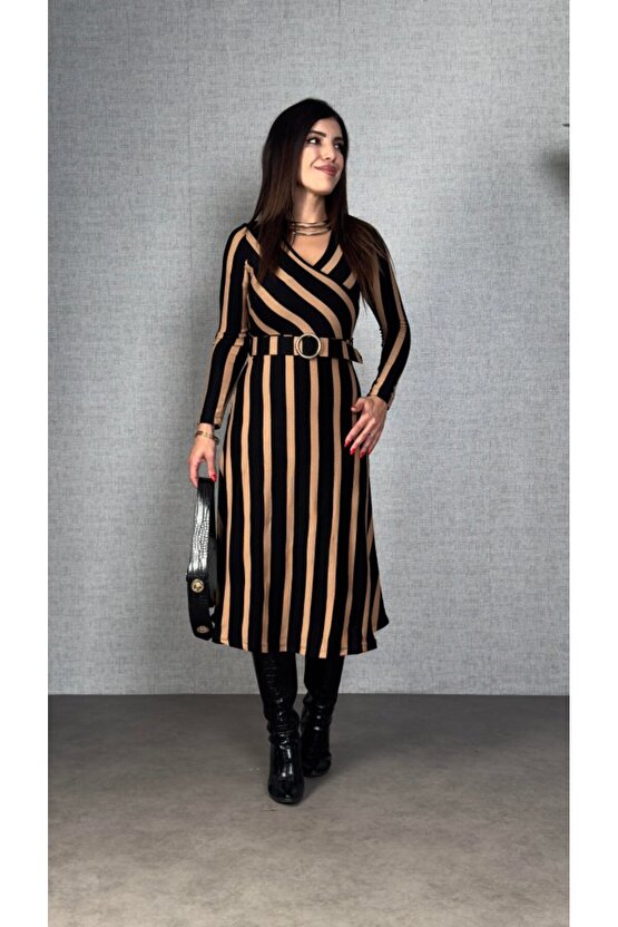 EQURİ Kadın Uzun Kollu Kruvaze Yaka Kemer Dahil çizgili Triko Elbise