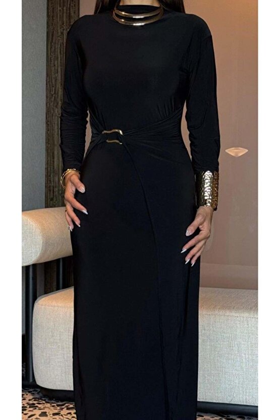 Kadın Balıkçı Yaka Toka Detay Sandy Kumaş Midi Boy Elbise