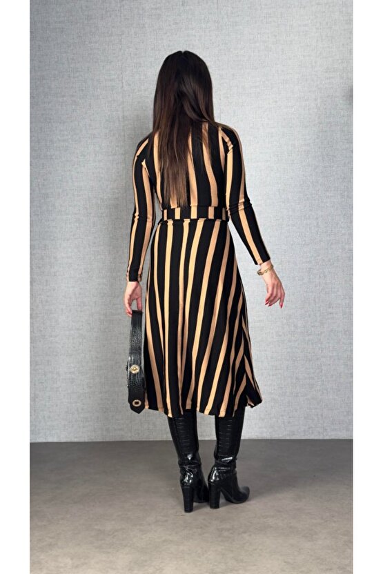 EQURİ Kadın Uzun Kollu Kruvaze Yaka Kemer Dahil çizgili Triko Elbise
