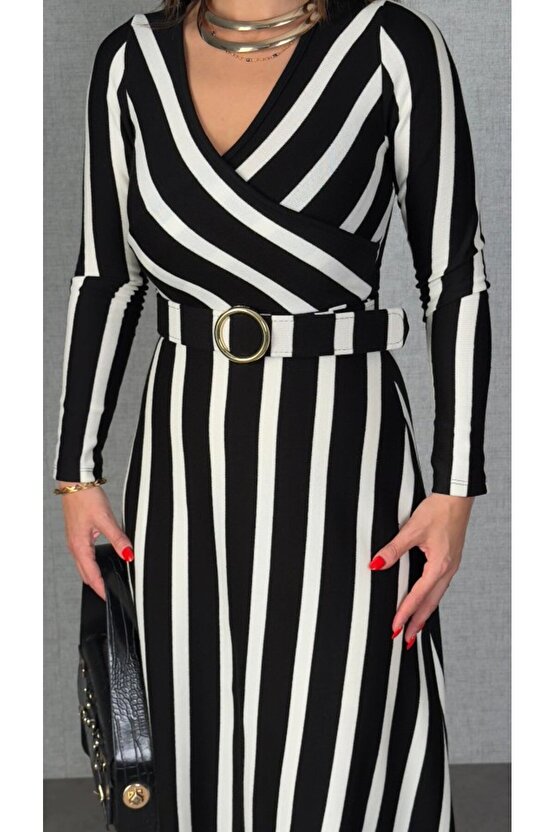 EQURİ Kadın Uzun Kollu Kruvaze Yaka Kemer Dahil çizgili Triko Elbise