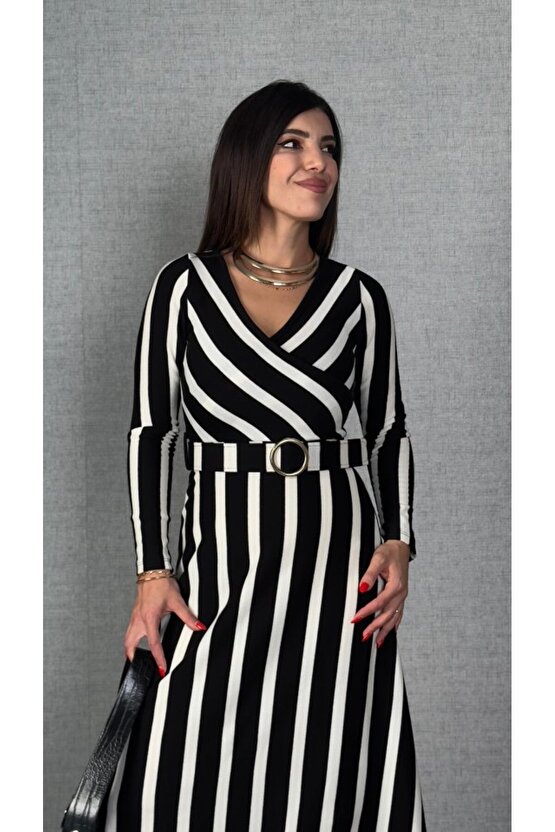 EQURİ Kadın Uzun Kollu Kruvaze Yaka Kemer Dahil çizgili Triko Elbise
