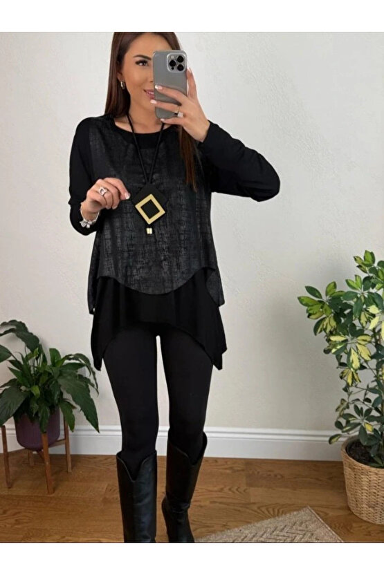 Kadın Siyah Deri Yelekli Kolye Dahil üçlü Takım