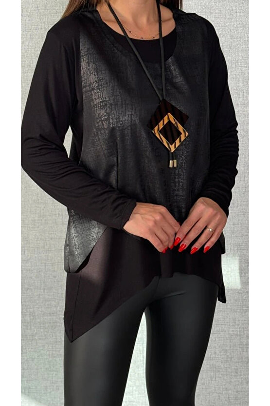 Kadın Siyah Deri Yelekli Kolye Dahil üçlü Takım