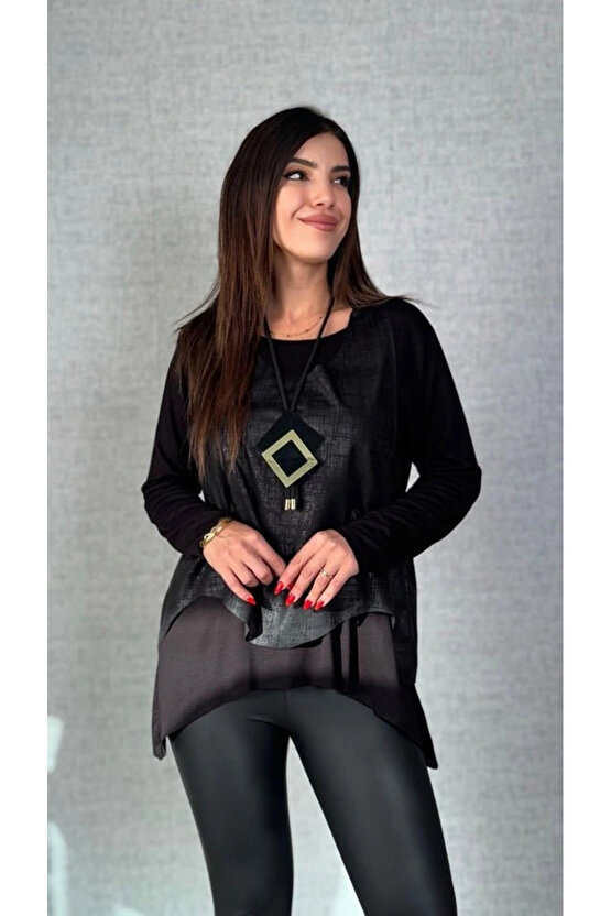 Kadın Siyah Deri Yelekli Kolye Dahil üçlü Takım