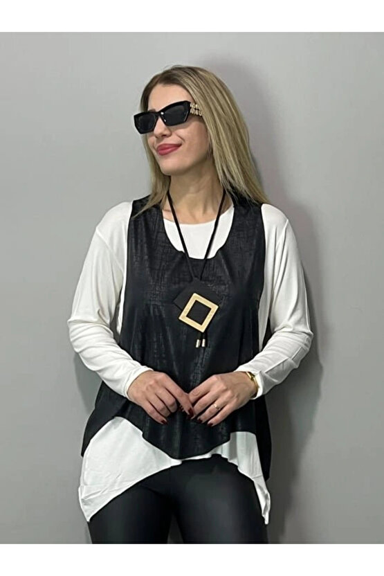 Kadın Siyah Deri Yelekli Kolye Dahil üçlü Takım