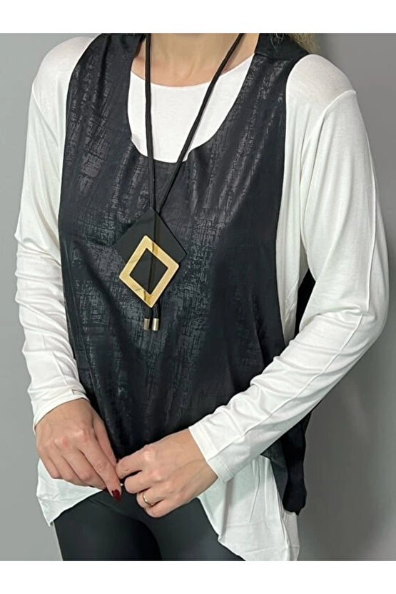 Kadın Siyah Deri Yelekli Kolye Dahil üçlü Takım