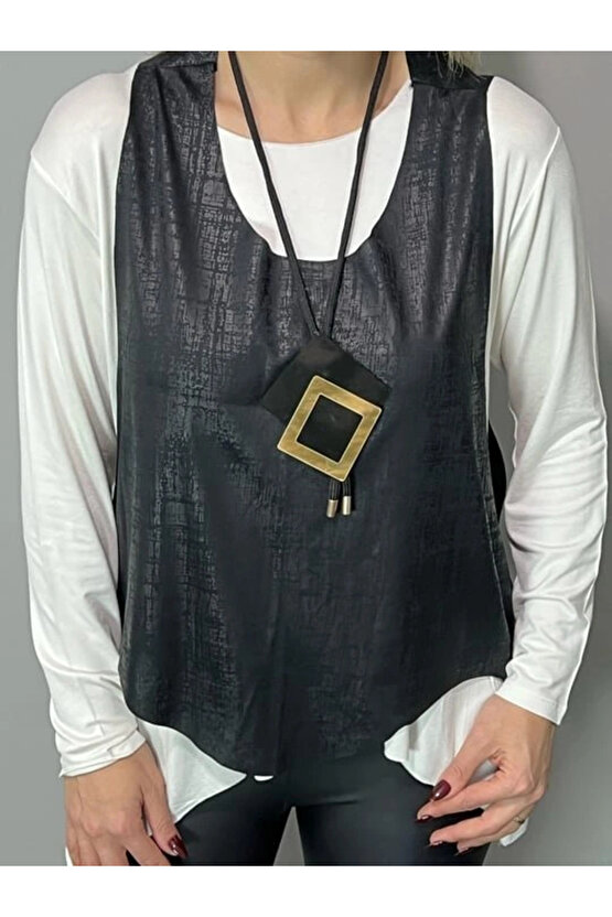 Kadın Siyah Deri Yelekli Kolye Dahil üçlü Takım