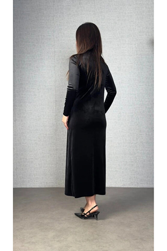 Kadın Balıkçı Yaka Büzgü Ve Taş Işleme Detay Maxi Boy Kadife Elbise