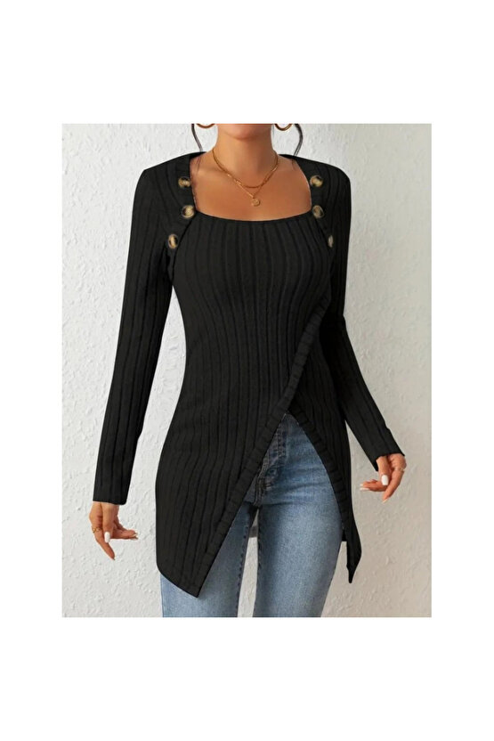 Kadın Uzun Kollu Derin Kare Yaka Düğme Detay şardonlu Kaşkorse Kruvaze Bluz