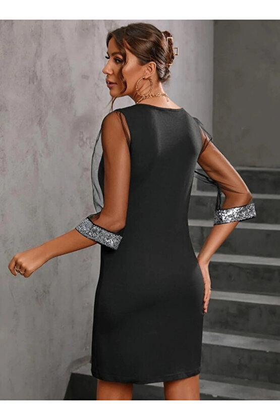 MDB Kadın Uzun Kollu V Yaka Ve Kol Ucu Pul Payet Krep Elbise