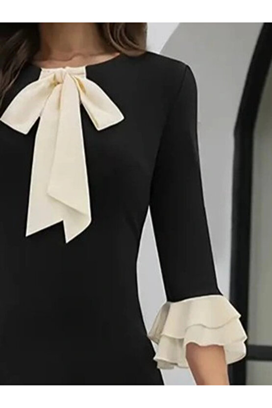 Kadın Truvakar Kollu Fiyonk Yakalı Midi Ithal Krep Elbise