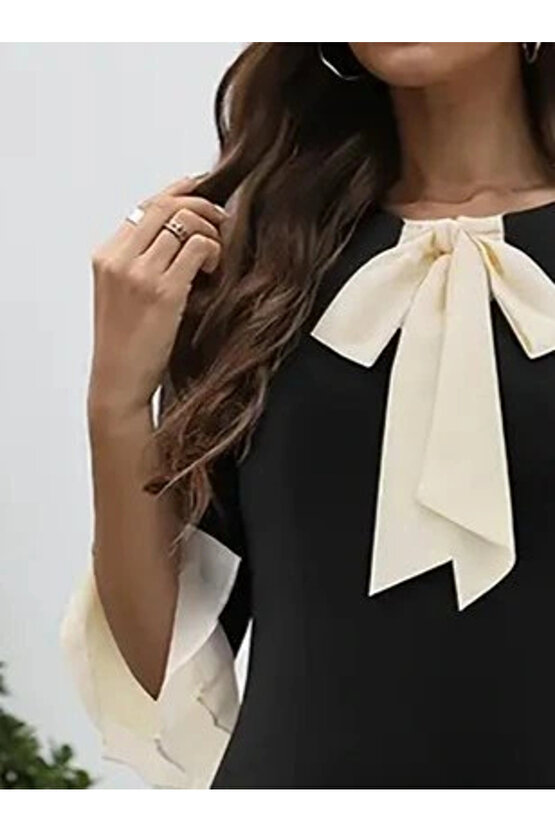 Kadın Truvakar Kollu Fiyonk Yakalı Midi Ithal Krep Elbise