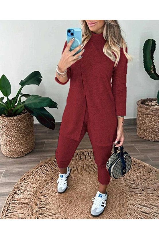 Kadın Uzun Kollu Balıkçı Yaka önden Düğmeli Bluz Ve Pantolon Yumoş Ikili Takım