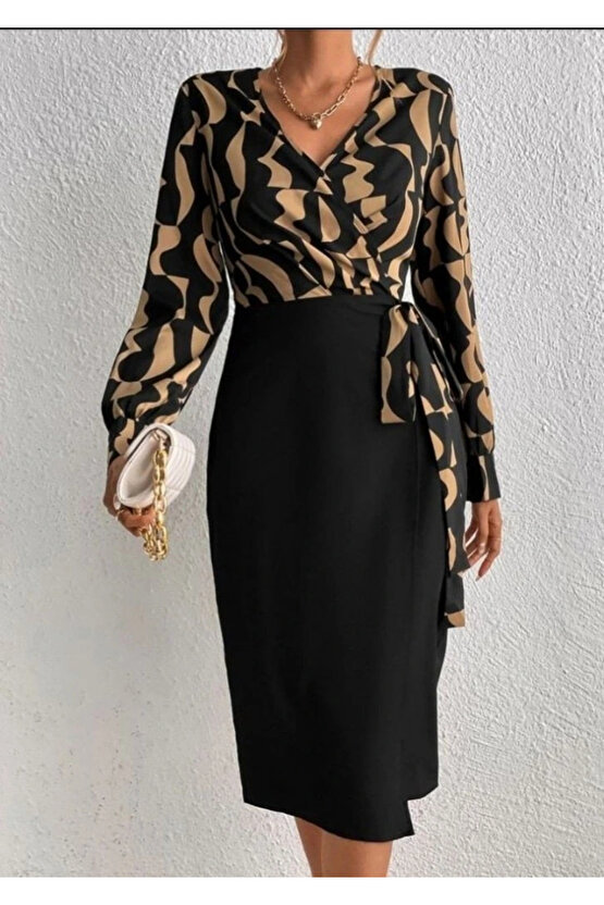 Kadın Uzun Kollu Kruvaze Yaka Dijital Baskılı Fiyonk Detay Atlas Kumaş Elbise