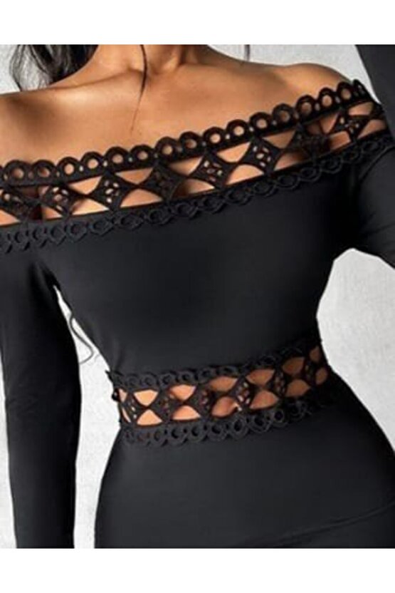 EQURİ Kadın Uzun Kollu Madonna Dantel Yaka Yırtmaçlı Midi Dalgıç Elbise