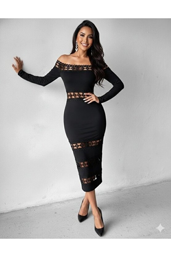 EQURİ Kadın Uzun Kollu Madonna Dantel Yaka Yırtmaçlı Midi Dalgıç Elbise