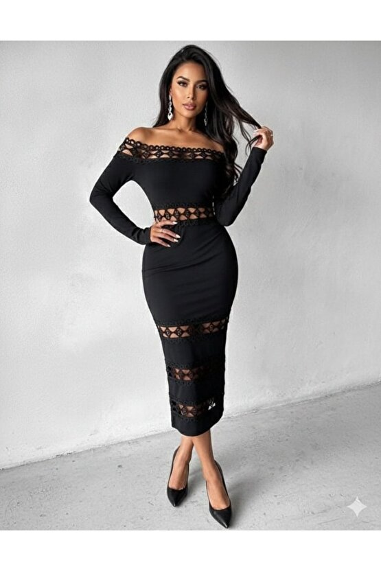 EQURİ Kadın Uzun Kollu Madonna Dantel Yaka Yırtmaçlı Midi Dalgıç Elbise