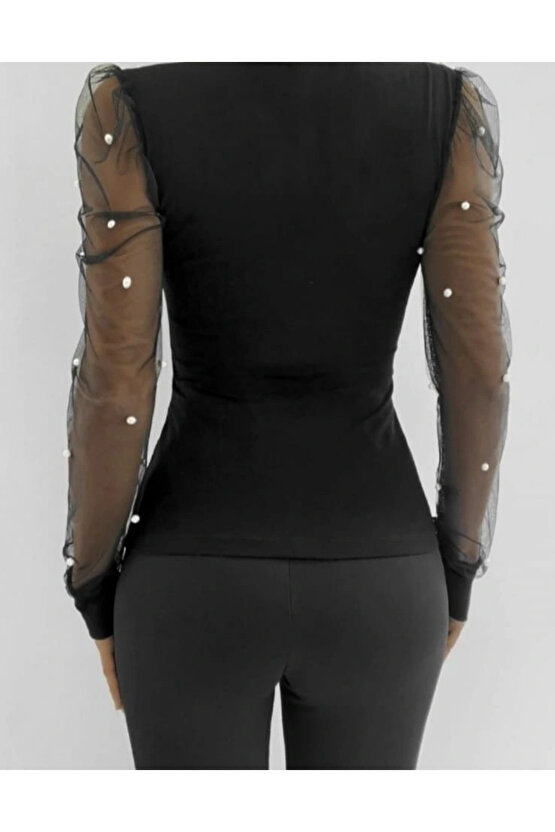 Kadın Uzun Kollu Inci Detaylı Tüllü Viskon Bluz