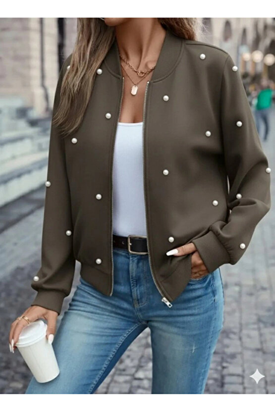 Kadın Uzun Kollu önden Fermuarlı Incili Kısa Modal Ceket