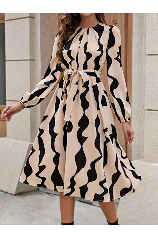 Kadın Uzun Kollu Bisiklet Yaka Belden Bağlamalı Desenli Belden Kuşaklı Mikro Süprem Midi Elbise