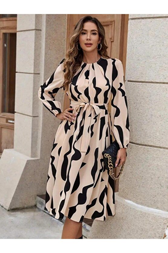 Kadın Uzun Kollu Bisiklet Yaka Belden Bağlamalı Desenli Belden Kuşaklı Mikro Süprem Midi Elbise