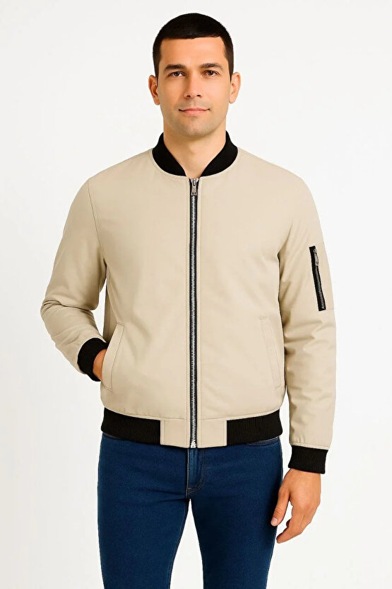 Erkek içi Astarlı Fermuarlı Bomber Mont Ceket - Bej