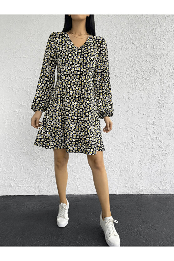 EQURİ Kadın Uzun Kollu V Yaka çiçek Desenli Helen Kumaş Elbise