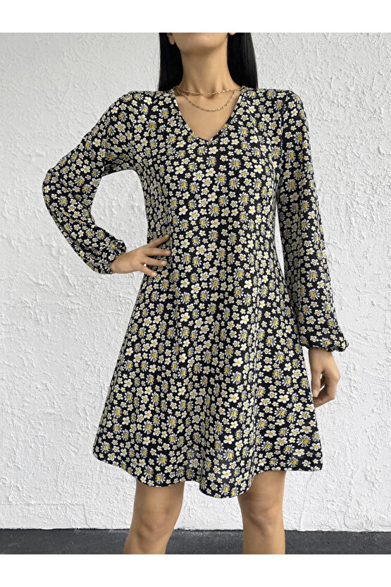 EQURİ Kadın Uzun Kollu V Yaka çiçek Desenli Helen Kumaş Elbise