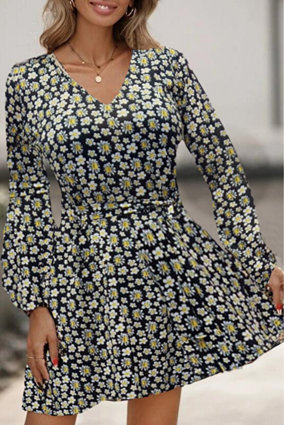 EQURİ Kadın Uzun Kollu V Yaka çiçek Desenli Helen Kumaş Elbise