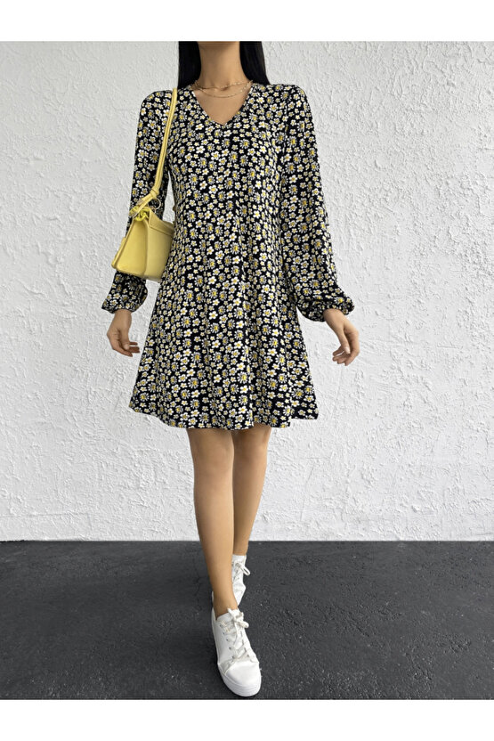 EQURİ Kadın Uzun Kollu V Yaka çiçek Desenli Helen Kumaş Elbise