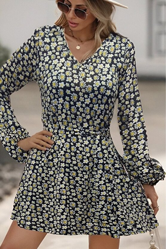 EQURİ Kadın Uzun Kollu V Yaka çiçek Desenli Helen Kumaş Elbise
