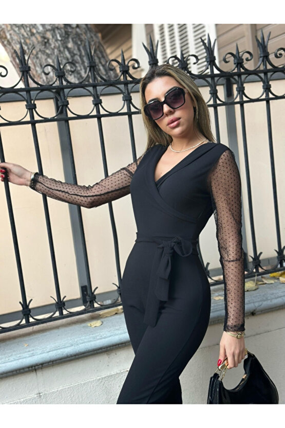 EQURİ Kadın Uzun Kollu Kruvaze Yakalı Kolları Tül Detay Beli Kuşaklı Ithal Krep Tulum